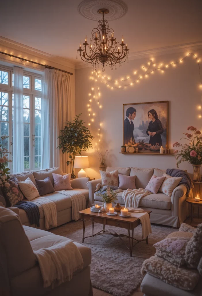 Aesthetic living room with warm lighting and cozy soft glow ambiance