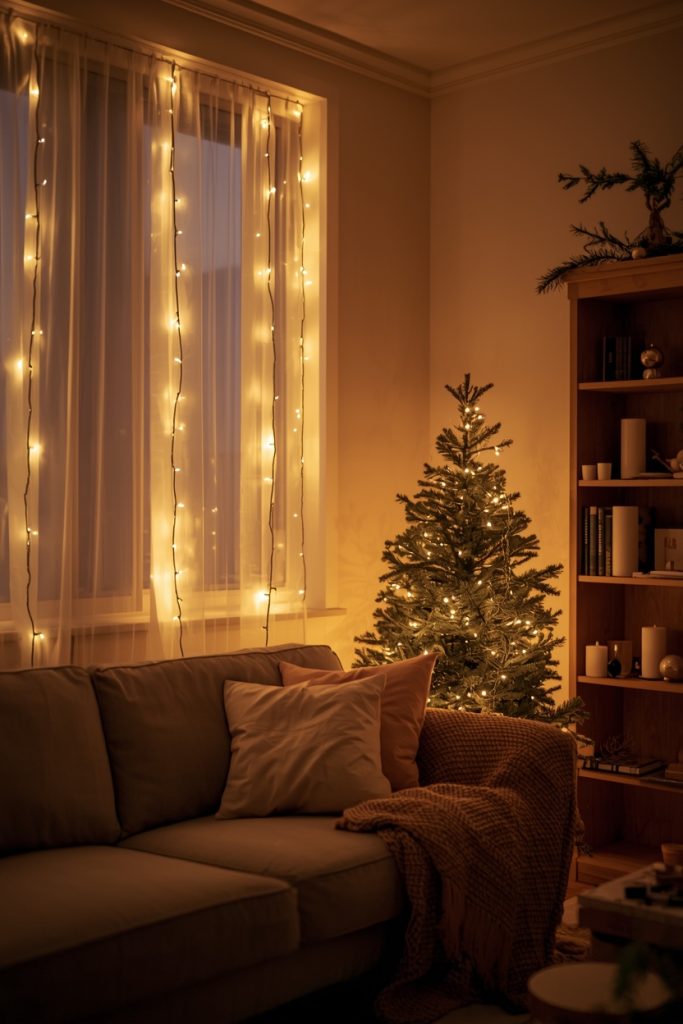 Christmas living room decor with warm string lights creating a soft cozy glow, peaceful evening ambiance, and inviting holiday atmosphere.