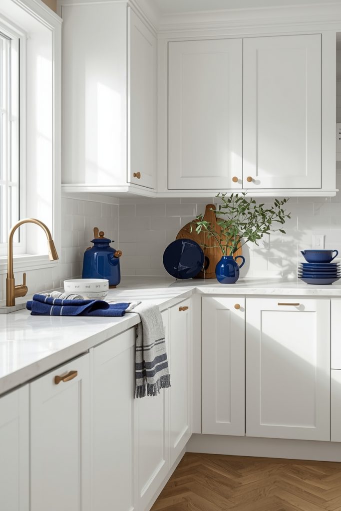 White kitchen with blue accessories including a navy kettle, ceramic bowls and blue linen accents
