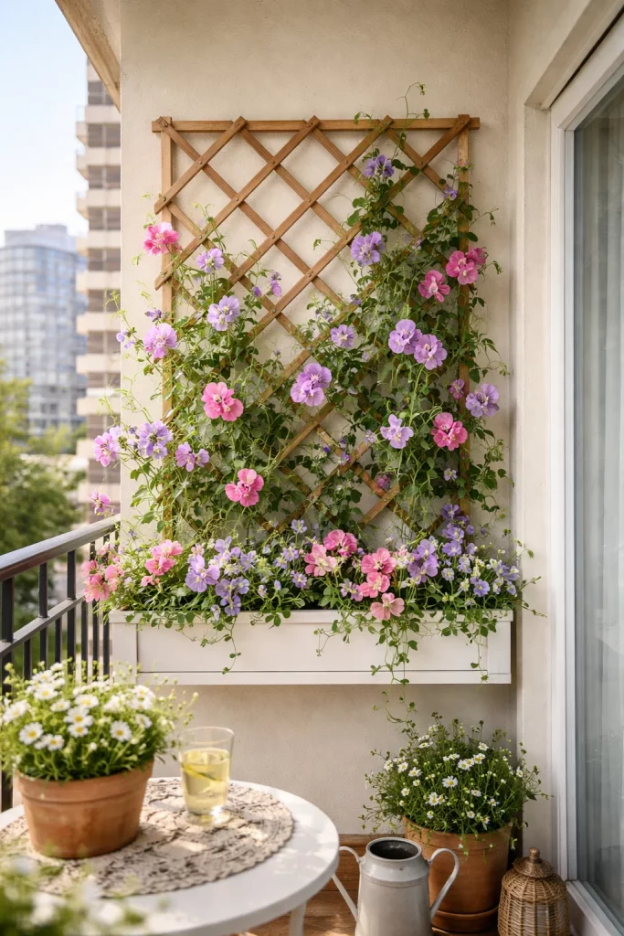 Window box with small wall trellis on balcony β small garden trellis ideas for compact outdoor spaces