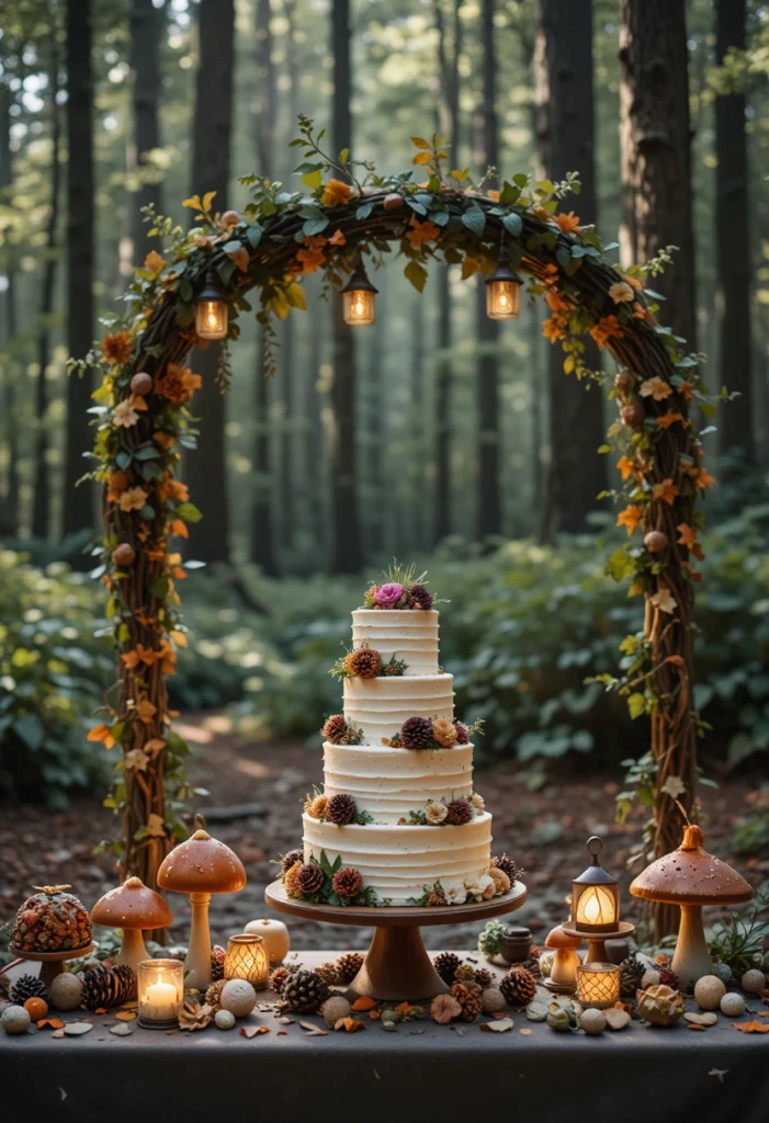 Woodland fairy tale fall wedding decor with mushroom cake pinecones glowing lanterns and forest setting