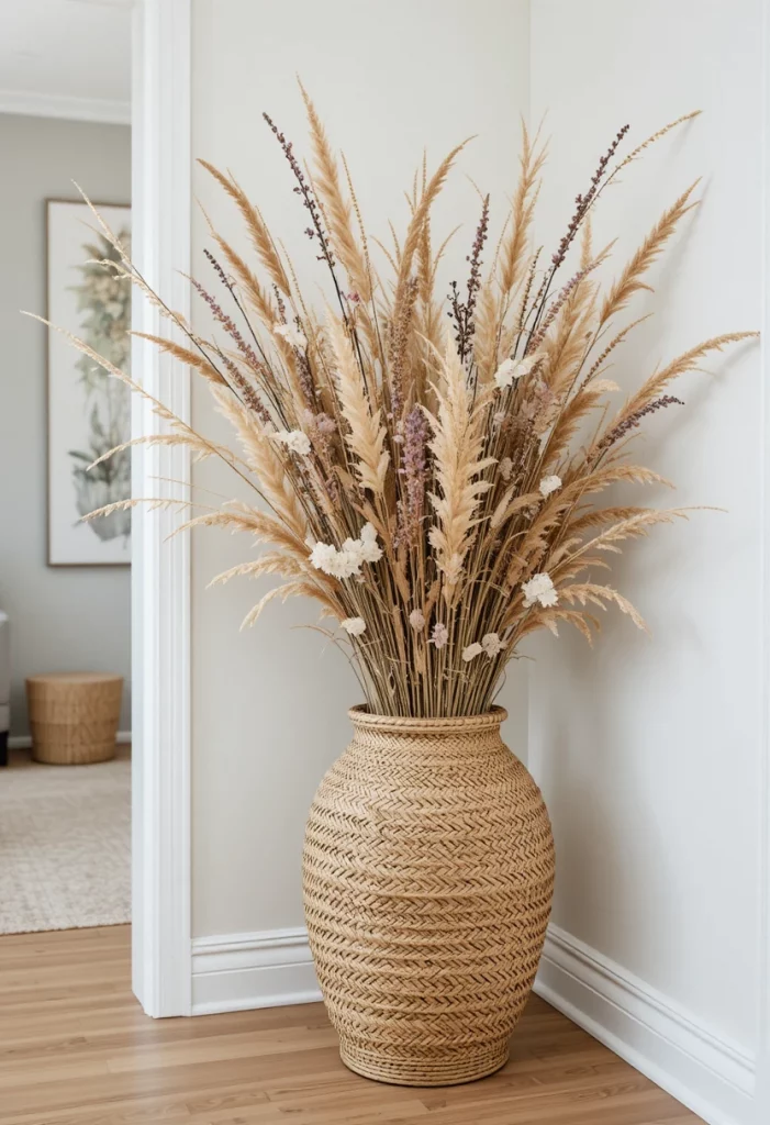 Woven grass basket with pampas grass as spring home decor in a minimalist living room