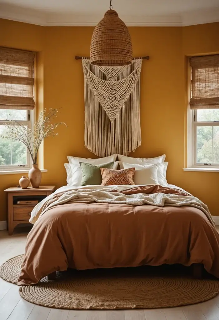 Yellow bedroom color scheme with terracotta bedding, sage green pillows and boho earthy decor elements