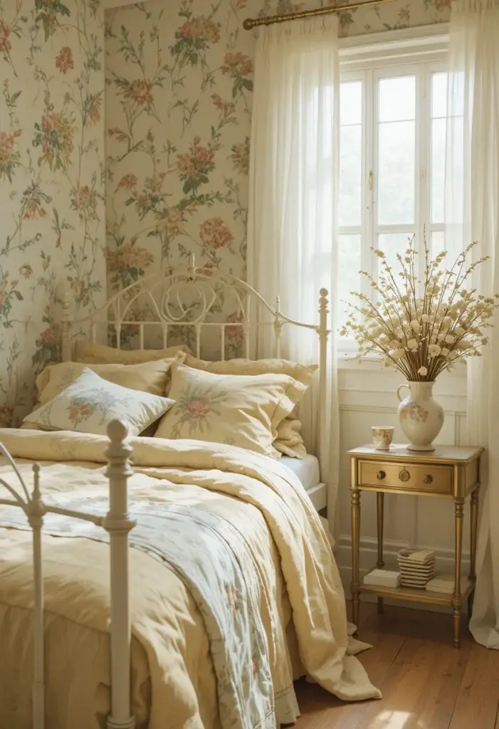 Yellow bedroom ideas aesthetic cottagecore style with floral wallpaper, iron bed frame and dried botanical accents