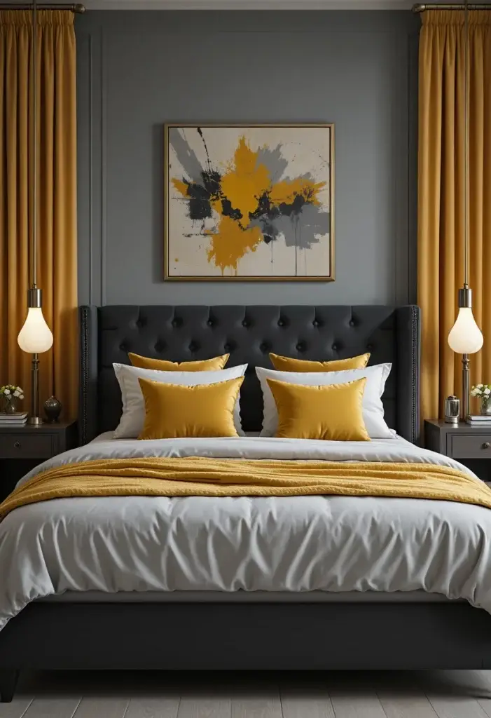 Yellow and grey bedroom ideas with charcoal upholstered headboard, mustard velvet pillows and contemporary decor