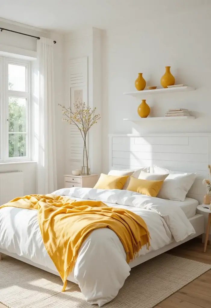 Yellow and white bedroom ideas with airy minimalist decor, lemon yellow throw pillows and white walls