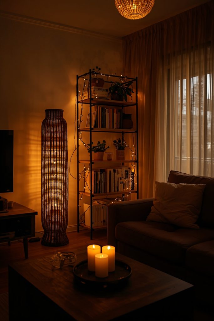 Warm layered lighting aesthetic living room at dusk 2026 with rattan floor lamp, fairy lights, and candlelight