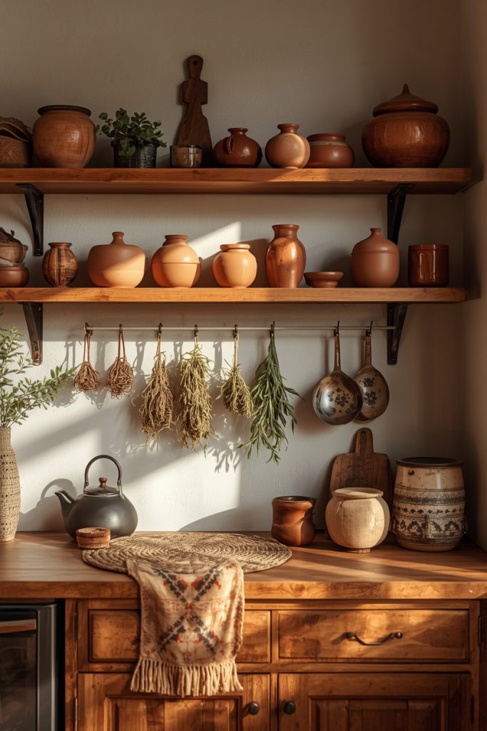 Boho kitchen with open shelves, earthy pottery, hanging herbs, and woven mat in warm natural light