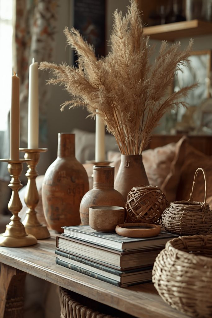 Vintage thrifted boho decor with ceramics brass candlesticks books and woven objects in warm light