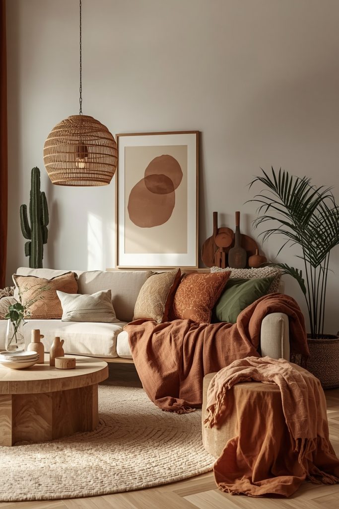 Boho interior with earthy palette of terracotta cream green rust and wood tones in warm natural light