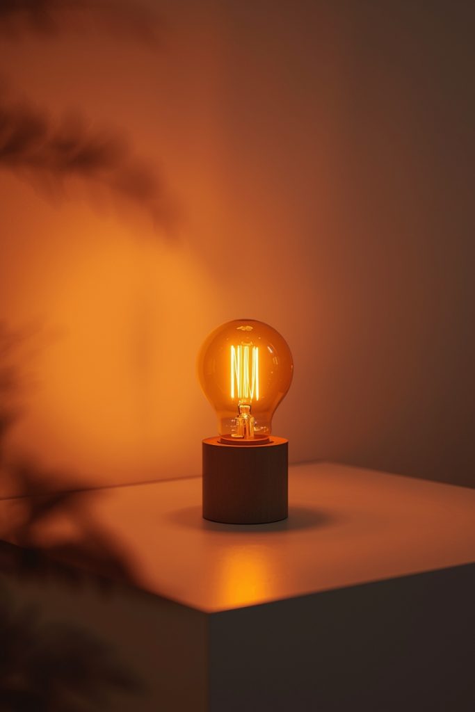 Warm amber table lamp glowing in a soft-focus studio background creating a cozy home decor ambiance