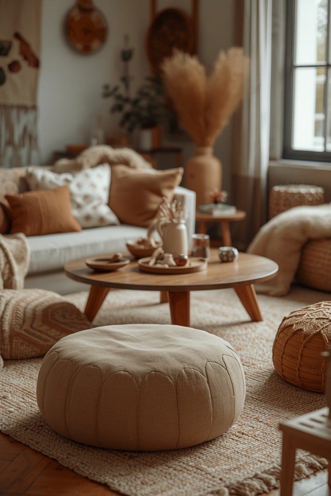 Boho floor seating with cushions and pouffe around low table in warm cozy living room
