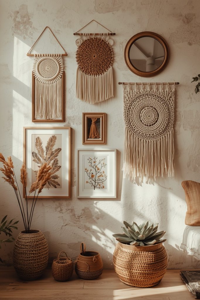 Boho gallery wall with woven textile, framed art, small mirror, and dried botanicals in warm natural light