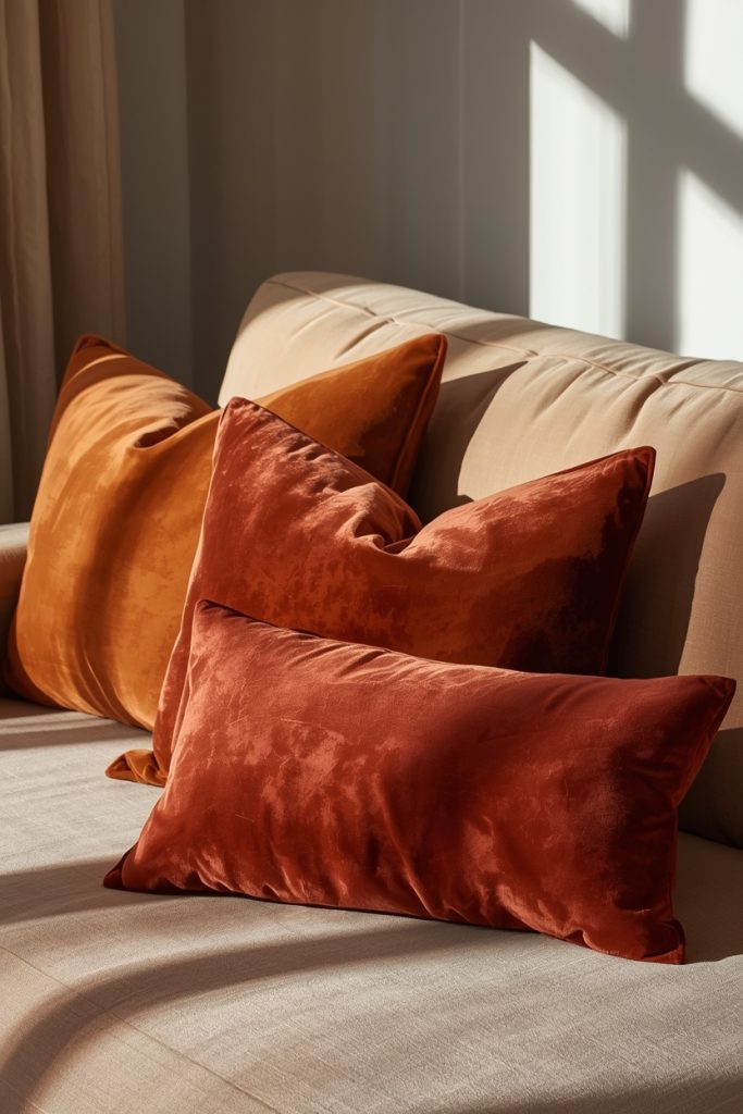 Velvet cushions in terracotta and caramel tones on sofa in warm afternoon light
