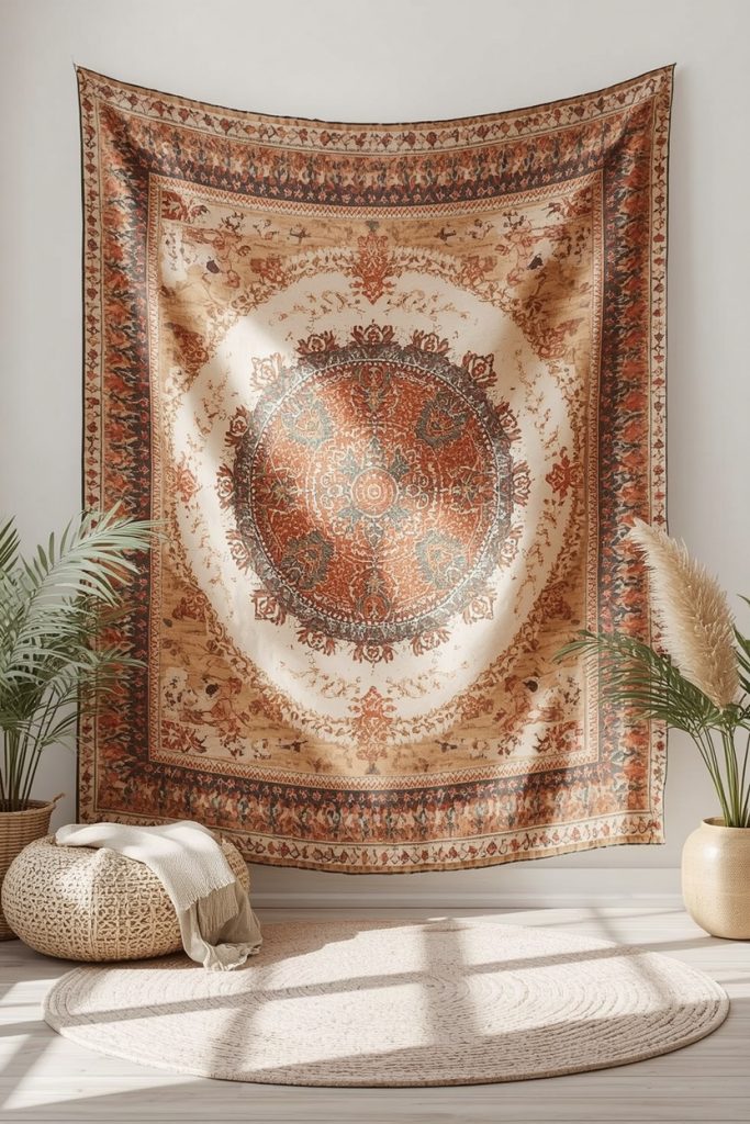 Indian block print textile tapestry on bohemian wall with warm earthy tones and natural light