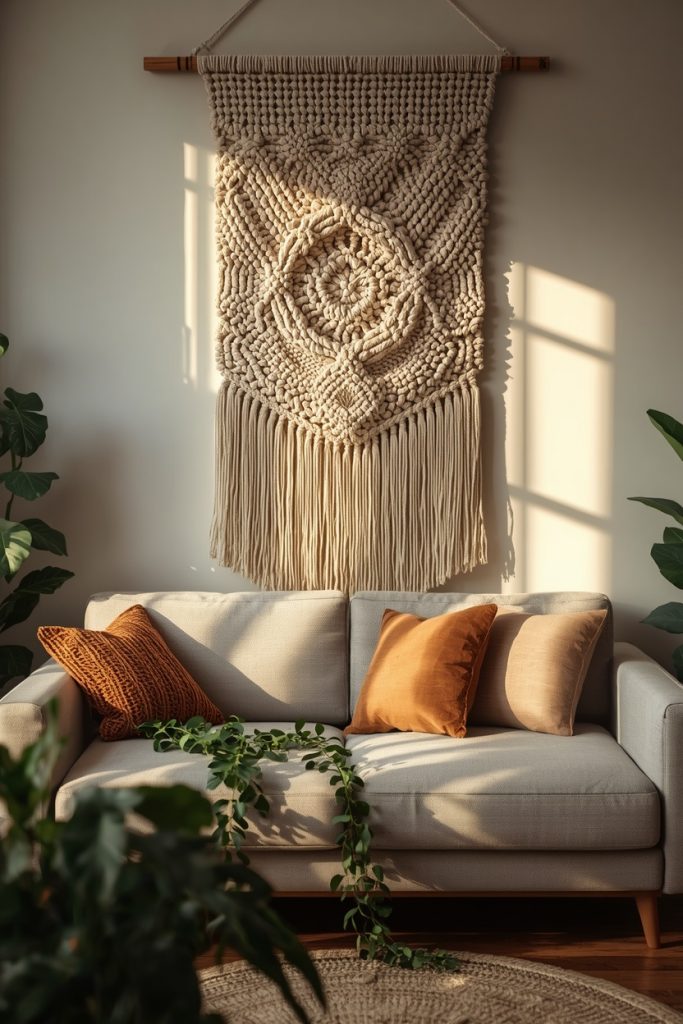 Natural cotton macramé wall hanging above sofa with warm side light and plants in cozy boho room