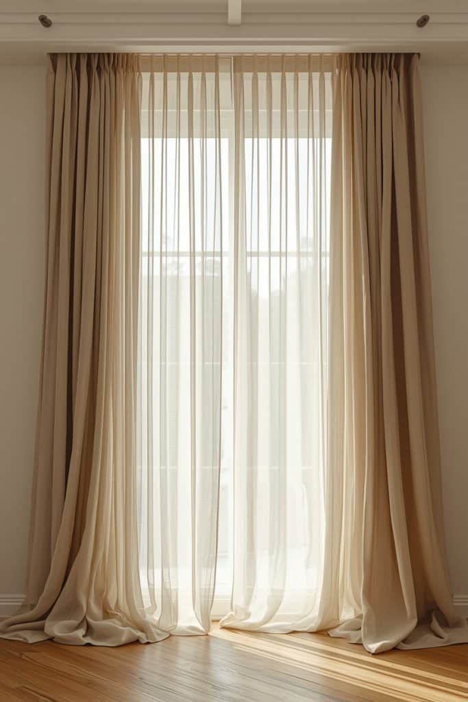 Linen curtains near ceiling softly diffusing natural light with gentle floor pooling in a minimalist room