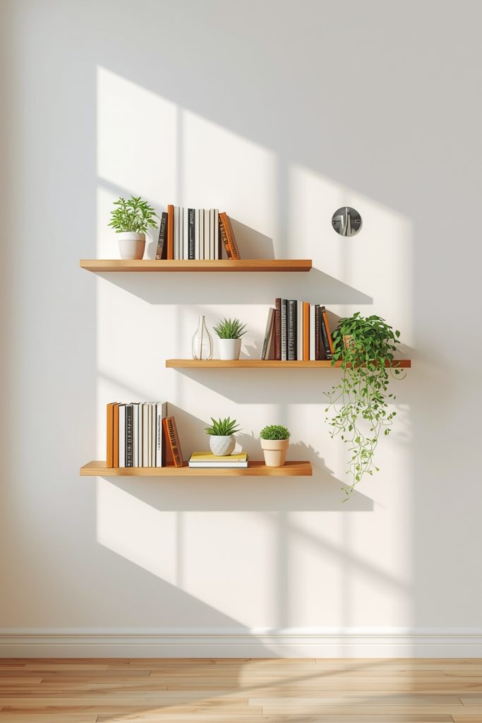 Floating wall shelves with books and plants arranged in staggered layout with warm natural light