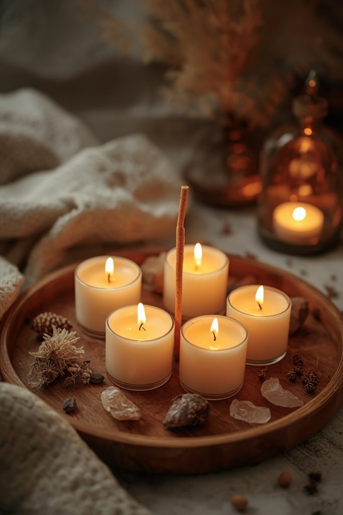 Boho wooden tray with candles incense crystals and dried botanicals in warm glowing light
