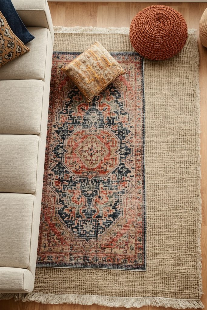 Layered Persian and jute rugs with floor cushions beside sofa in warm bohemian living room