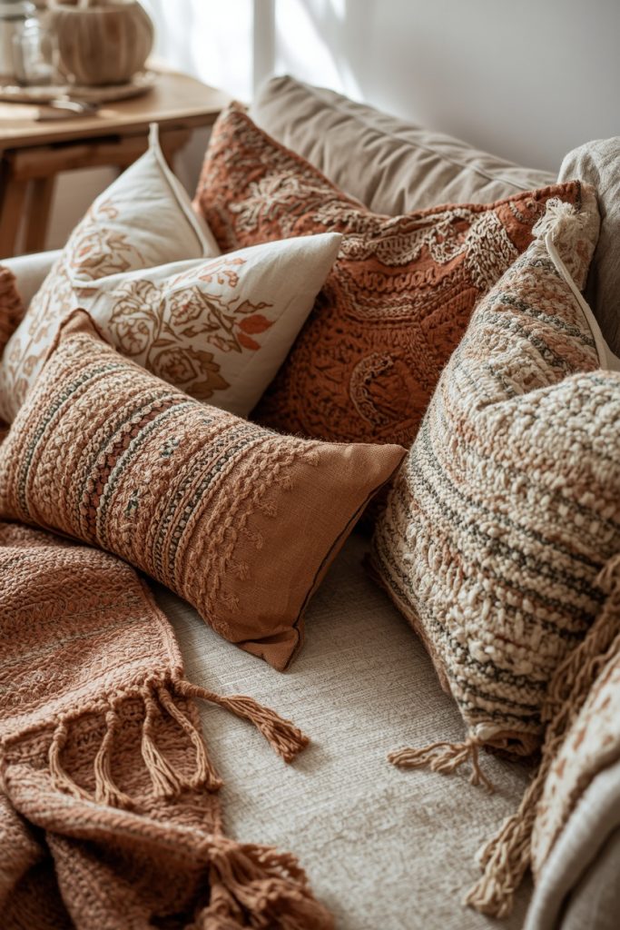 Bohemian throw pillows with mixed patterns and earthy textures styled on cozy sofa