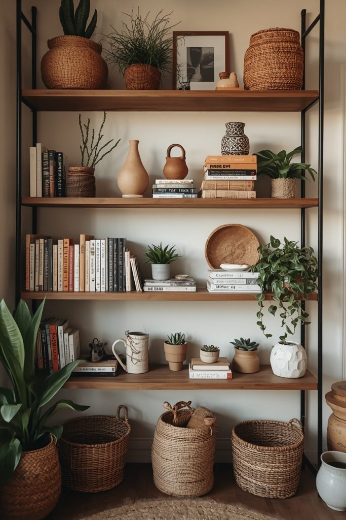 Boho open shelves styled with books plants pottery baskets and travel objects in warm natural light