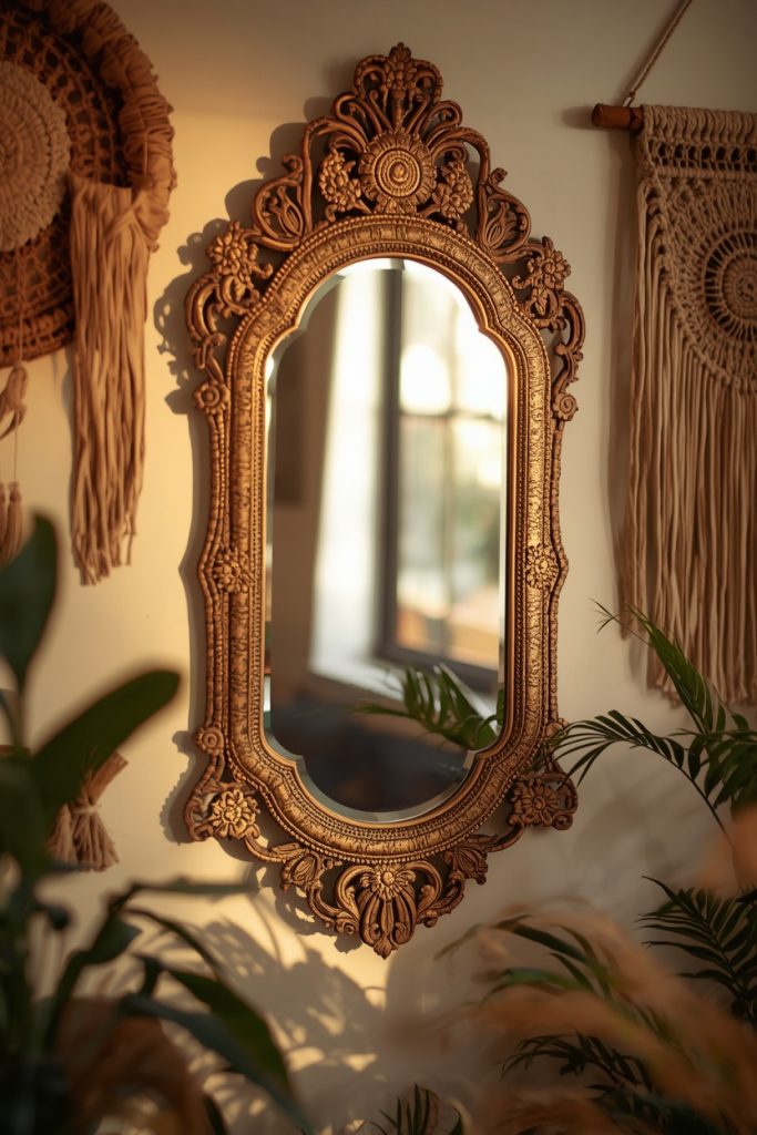 Vintage boho mirror on gallery wall with warm reflection, surrounded by rattan and macramé decor
