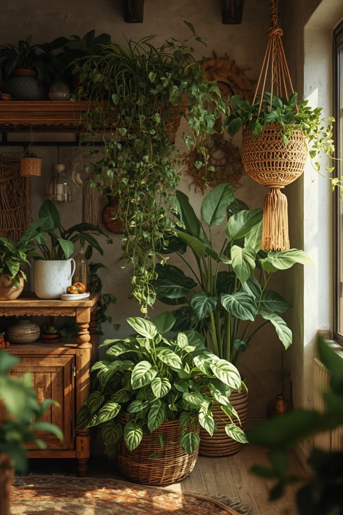 Boho interior with plants at multiple heights including shelf, floor pothos, and hanging planter in warm natural light