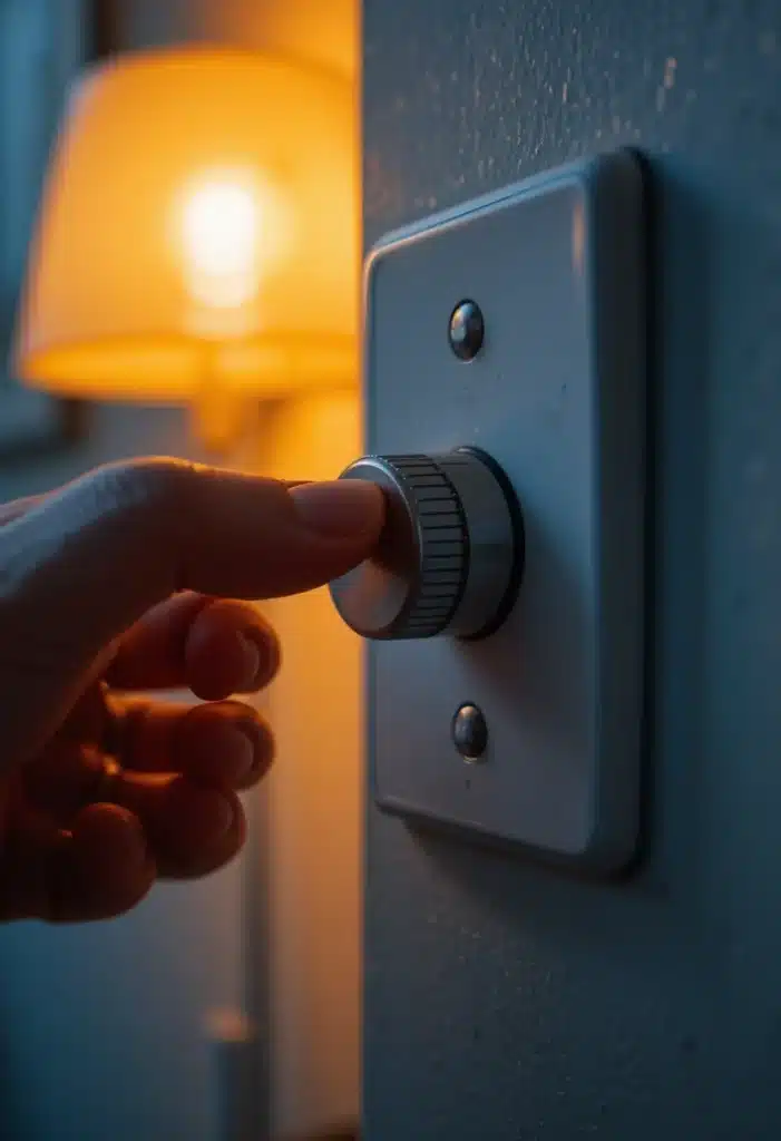 Close-up of dimmer switch dial with warm lamp blurred in background creating a cozy low-light atmosphere