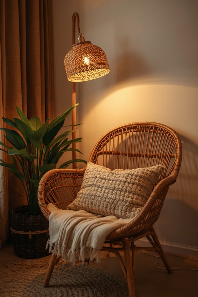 Bohemian rattan chair corner with warm floor lamp and indoor plant in cozy natural setting