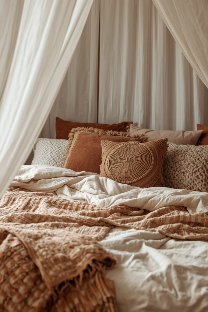 Boho bed with layered linen quilt pillows and canopy in warm earthy bedroom styling