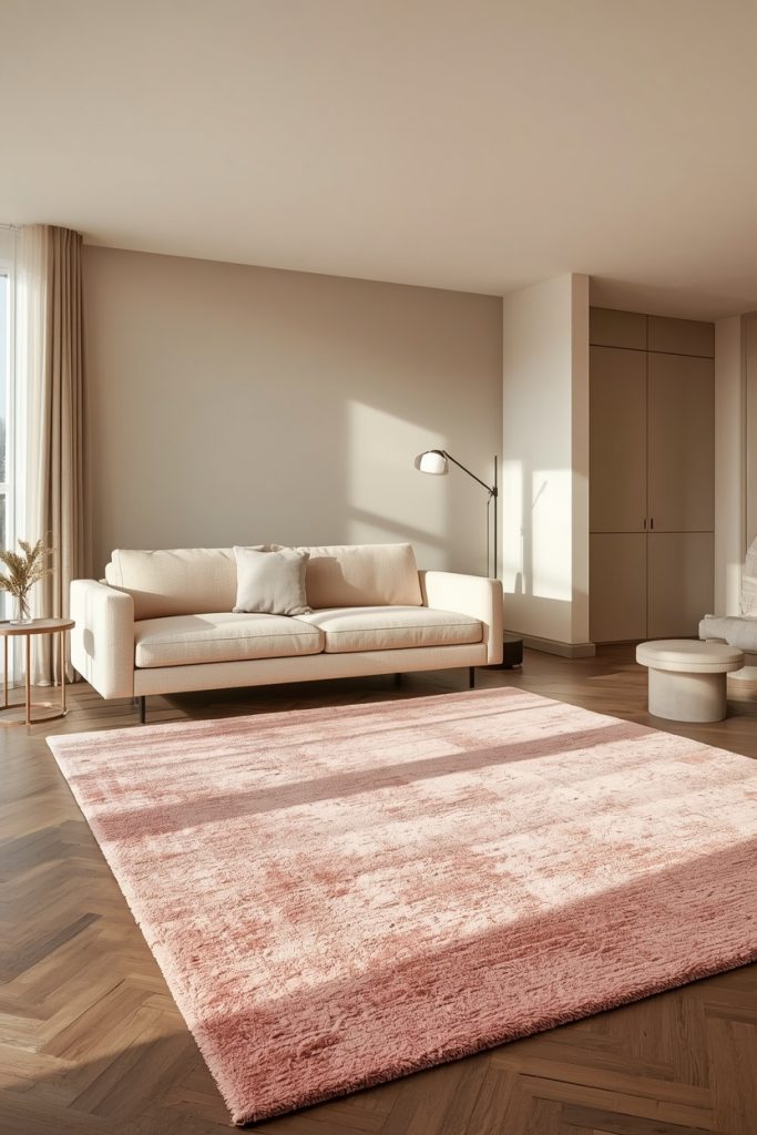 Modern living room with a large blush pink area rug, cream sofa, dark wood floors, and soft natural sunlight creating a cozy luxury aesthetic.