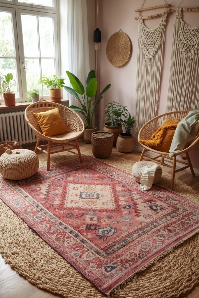 Boho living room with a layered pink kilim rug, rattan furniture, terracotta plants, macrame wall decor, and warm earthy textures.