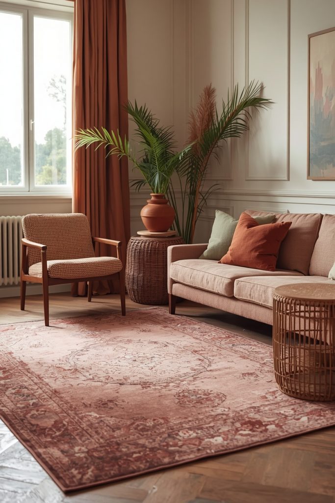 Cozy living room with a dusty rose area rug, walnut furniture, terracotta accents, sage green pillows, and warm cream walls in a vintage-inspired modern interior.