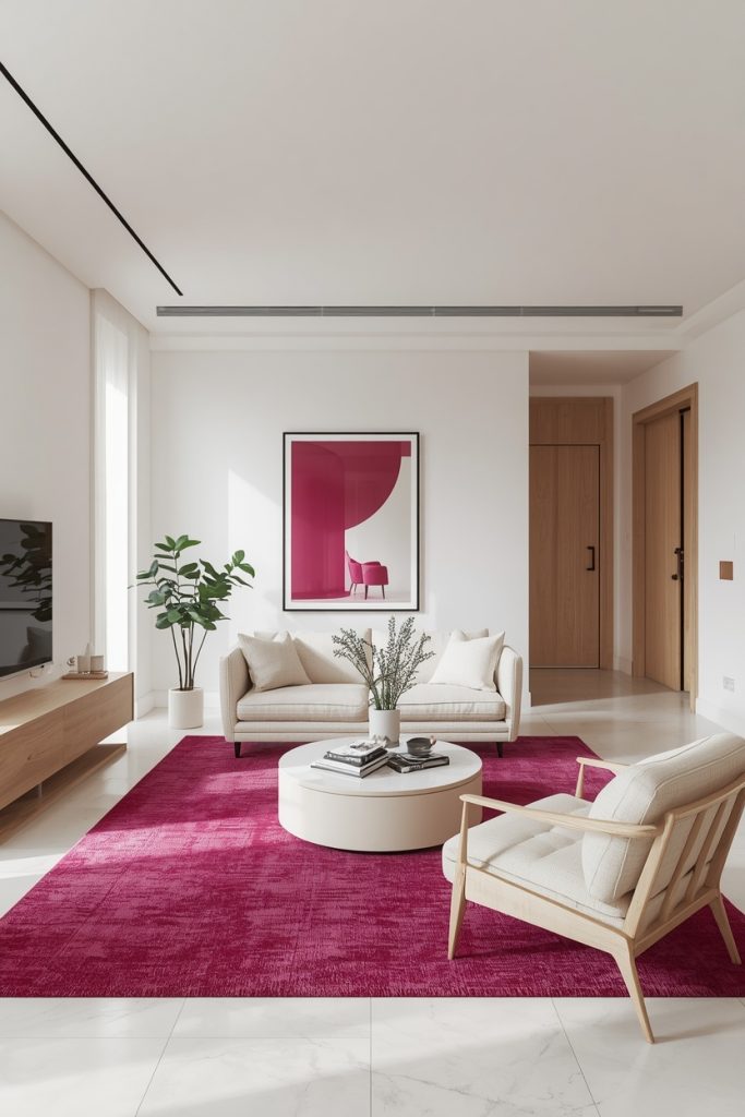 Modern neutral living room with a bold fuchsia area rug, cream sofa, white walls, and light wood furniture creating a vibrant contemporary interior.