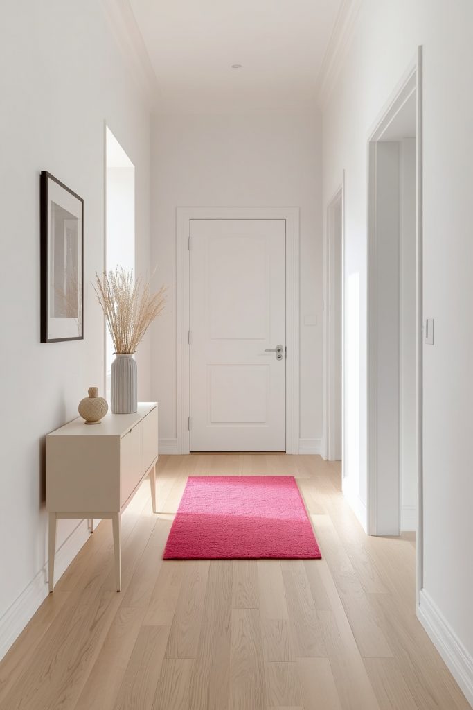 Minimal entryway with a small hot pink accent rug, white walls, light wood floor, and simple neutral furniture creating a clean modern look.