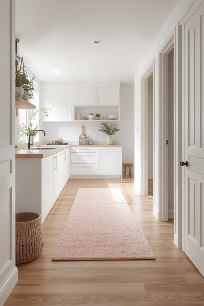 Modern kitchen and entryway with a pale pink washable runner rug, white cabinets, light wood floors, and a clean functional family-friendly design.