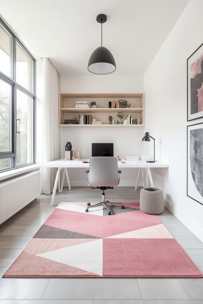 Modern home office with a pink geometric rug, sleek white furniture, open shelves, and minimalist contemporary decor with clean lines.