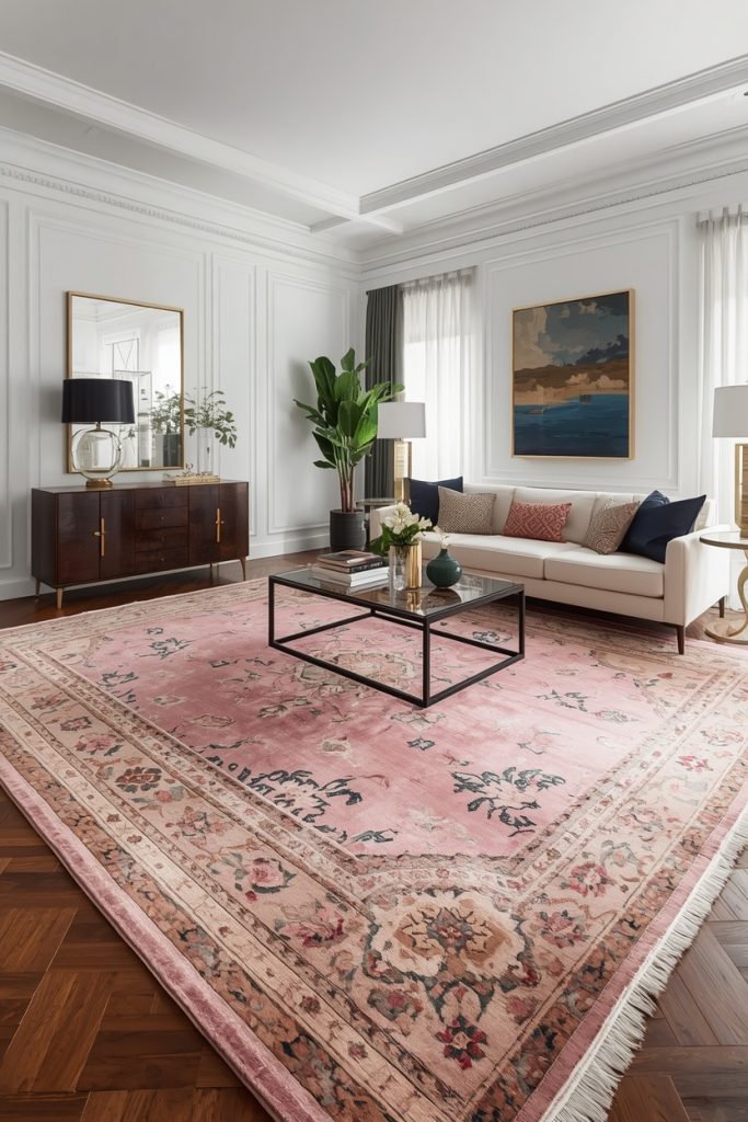 Elegant living room with a large pink Persian rug, dark walnut furniture, brass accents, and soft neutral walls in a luxurious timeless interior.