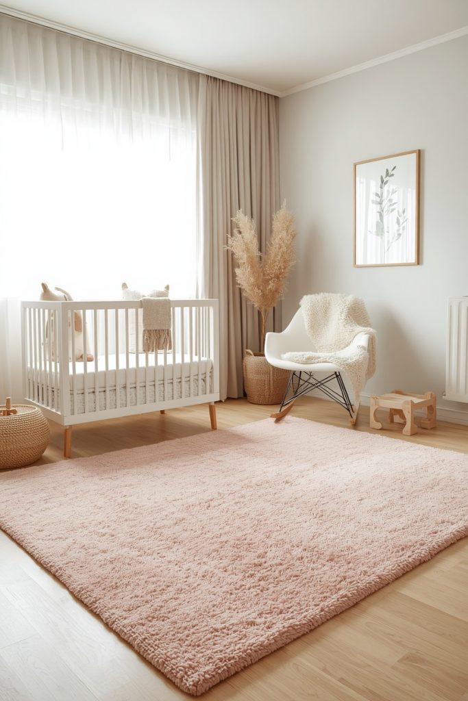 Calm nursery with a pale pink rug, white crib, rocking chair, soft natural light, and minimal safe decor in a warm pastel interior.