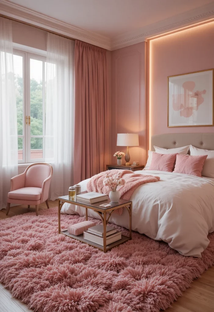 Cozy modern bedroom with a plush pink shag rug, white bedding, soft lighting, and elegant feminine decor creating a warm relaxing atmosphere.