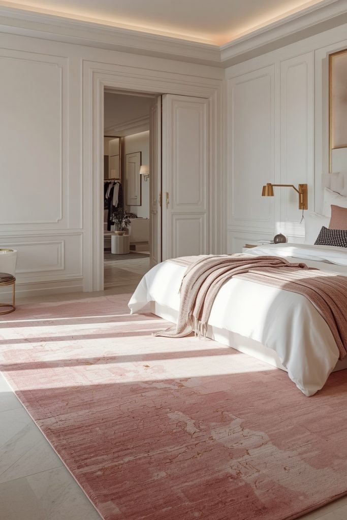 Elegant master bedroom with a pink and gold rug, white bedding, brass lighting, and minimal luxury decor creating a refined sophisticated interior.