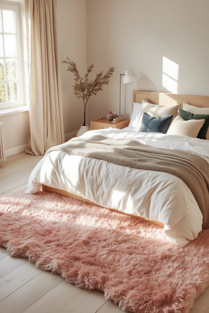 Cozy bedroom with a plush rose pink rug under the bed, white bedding, sage green pillows, natural wood furniture, and soft morning sunlight.