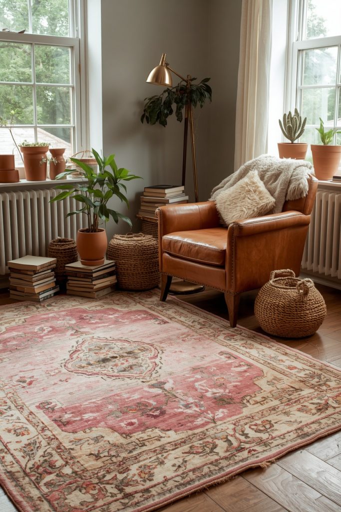 Vintage-inspired living room with a faded pink rug layered over jute, cognac leather chair, terracotta plants, and warm cozy decor.