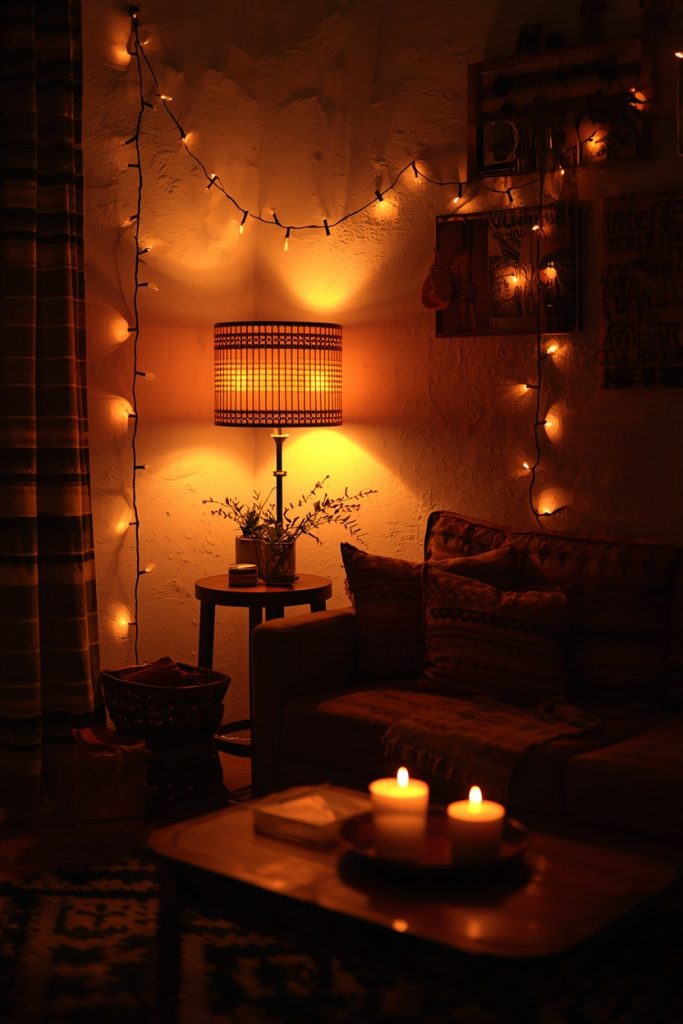Boho living room with layered warm lighting from floor lamp string lights and candles in amber evening glow