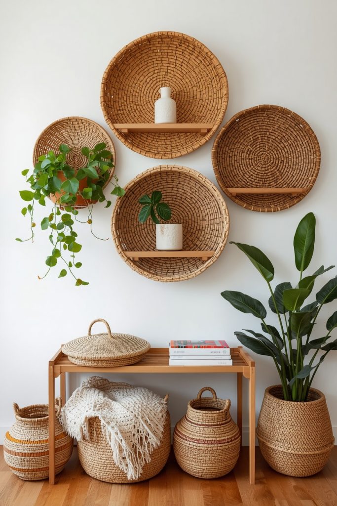 Woven baskets on boho shelves used for plants and storage in warm natural home interior