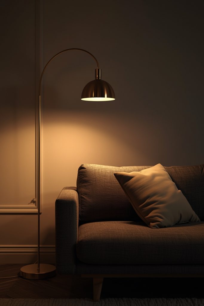 Arched brass floor lamp behind sofa casting warm evening light in a cozy modern living room