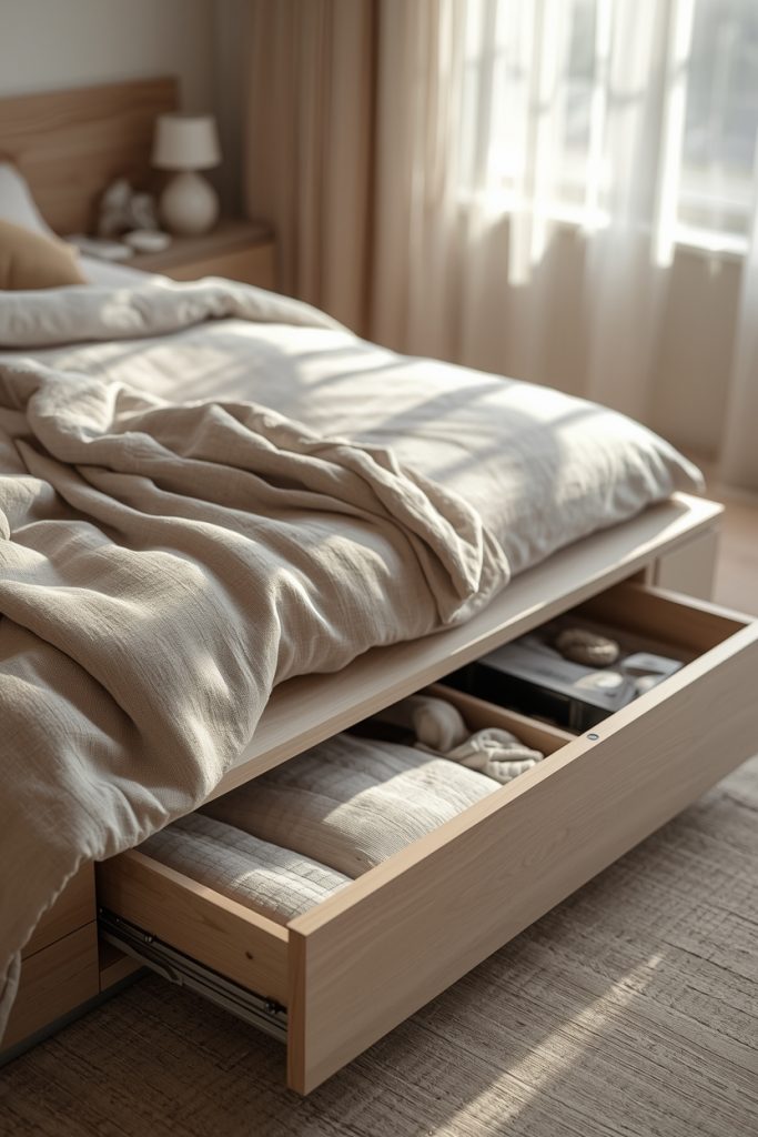 Low platform bed with open storage drawer and warm bedding in soft morning light
