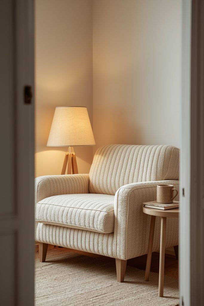 Cream boucle chair in studio corner with warm lamp, mug on side table, and book on armrest