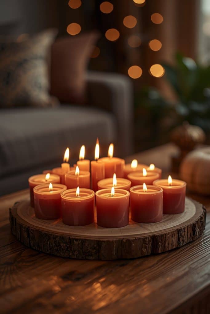 Candle cluster on wooden tray on coffee table with warm glow and soft bokeh background